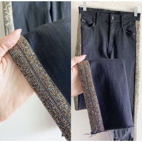 Mother High Waisted Looker Ankle Fray Guilty Flash Jean Beaded Stripe Black 25 - Picture 3 of 5